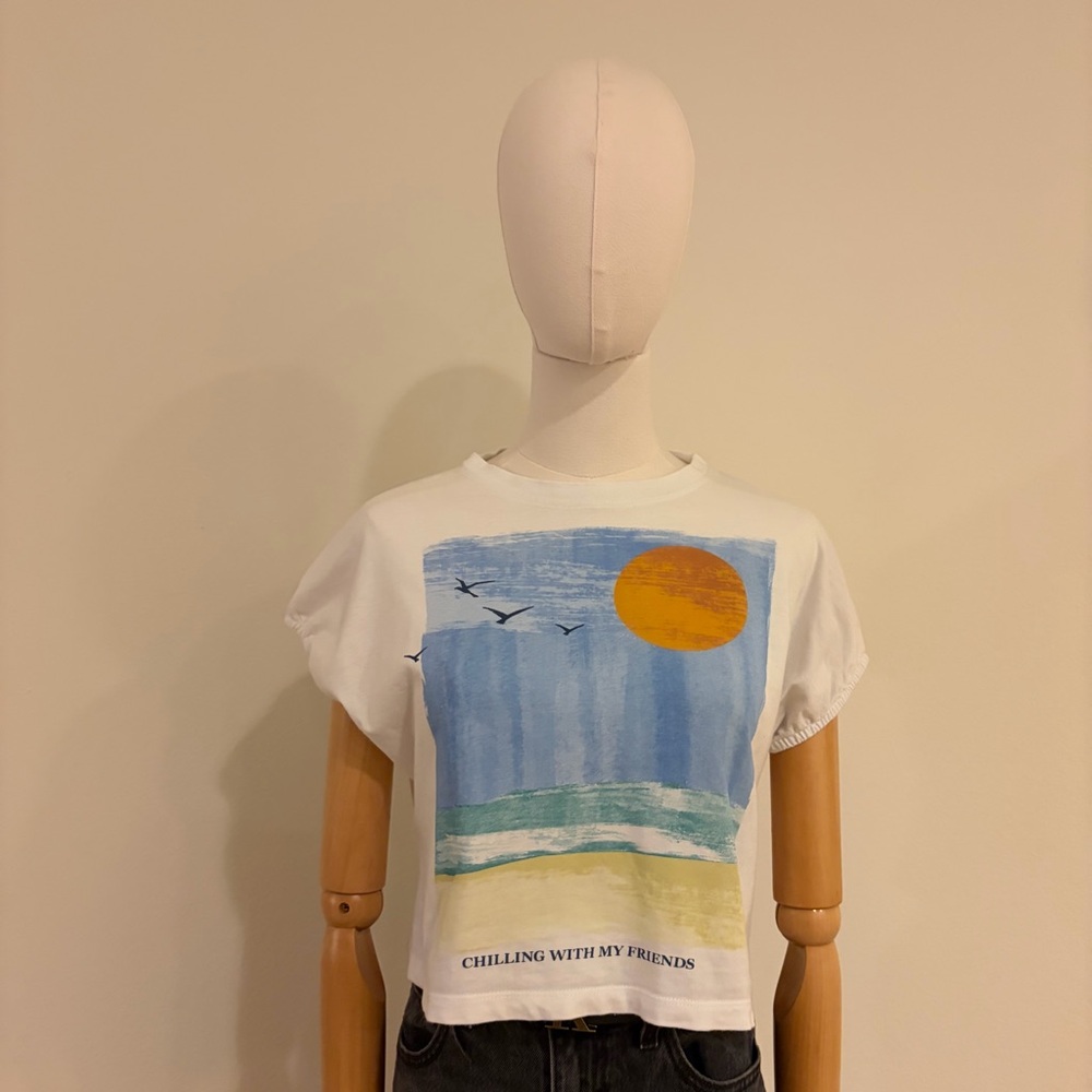 Zara Girls 10 "Chilling With My Friends" Beach Sunset Crop Tee White